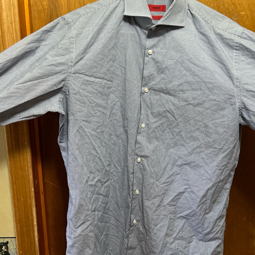 Hugo Boss Men Size 16.5-34/35 Check Cotton Slim Fit Long Sleeve Dress Shirt